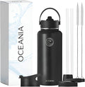 Oceania Flask 32oz Stainless Steel Water Bottles | Modern, Leakproof, Hydro BPA-Free, Insulated Water Bottle with 3 Lids, 3 Straws & 2 Straw Cleaning Brushes | Simple Camping & Hiking Water Bottles