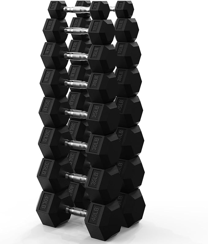 PAPABABE Hex Dumbbell Set 45-550 lb, Rubber Encased Home Gym Dumbbells, Weights Dumbbells for Women & Men, Hand Weight for Strength Training