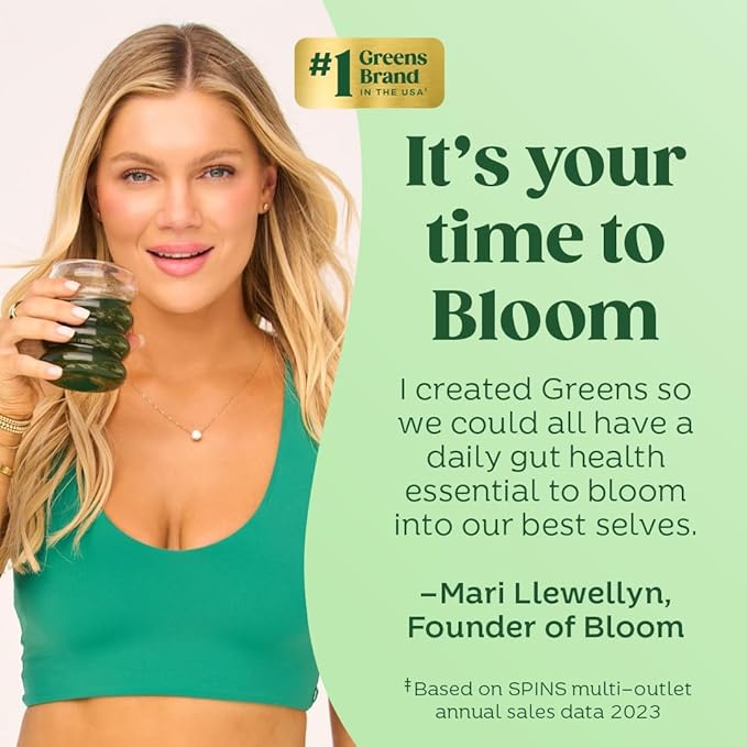 Bloom Nutrition Greens and Superfoods Powder for Digestive Health, Greens Powder, Digestive Enzymes, Probiotics, Spirulina, Chlorella for Bloating & Gut Support, Green Juice, 30 SVG, Strawberry Kiwi