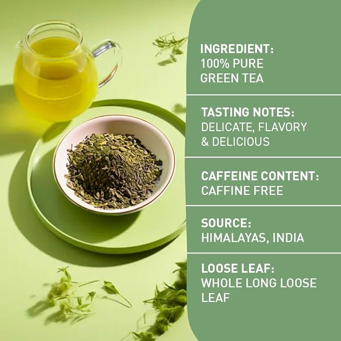 HANDPICK, Green Tea Loose Leaf (255g/9oz) +100 Cups | Non-GMO, 100% Pure Green Tea Leaves Sourced from Himalayas, India | Resealable Ziplock Pouch