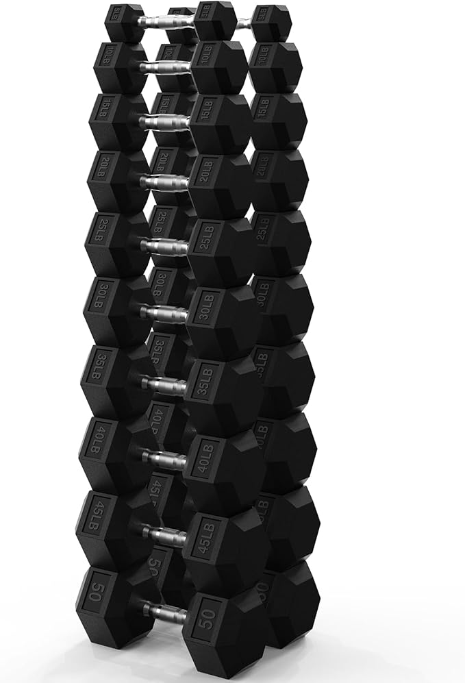 PAPABABE Hex Dumbbell Set 45-550 lb, Rubber Encased Home Gym Dumbbells, Weights Dumbbells for Women & Men, Hand Weight for Strength Training