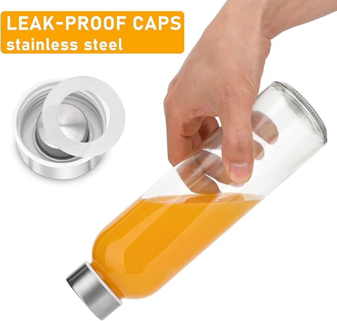 Sursip 24oz Glass Water Bottle Set of 10, Leak Proof Clear glass juice bottle for juicing, Reusable Drinking Bottles with Stainless Steel Lid, Beverage Storage Containers for Refrigerator-BPA Free