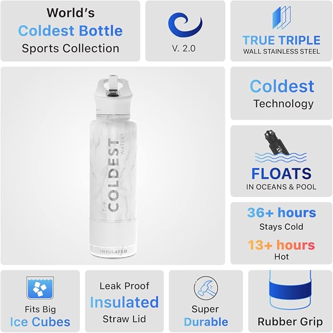 Coldest Insulated Water Bottle with Straw Lid - Stainless Steel Metal Insulated Bottle for Men & Women (Carrara Marble, 40 oz)