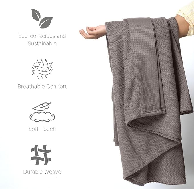 100% Cotton Herringbone Blankets, 90"X90" Queen, Throw Blanket for Bed All Season Cotton Blanket, Cozy Blanket,Throws & Bed Blanket, Throw Blanket for Couch, Modern Home Decor -Charcoal Grey