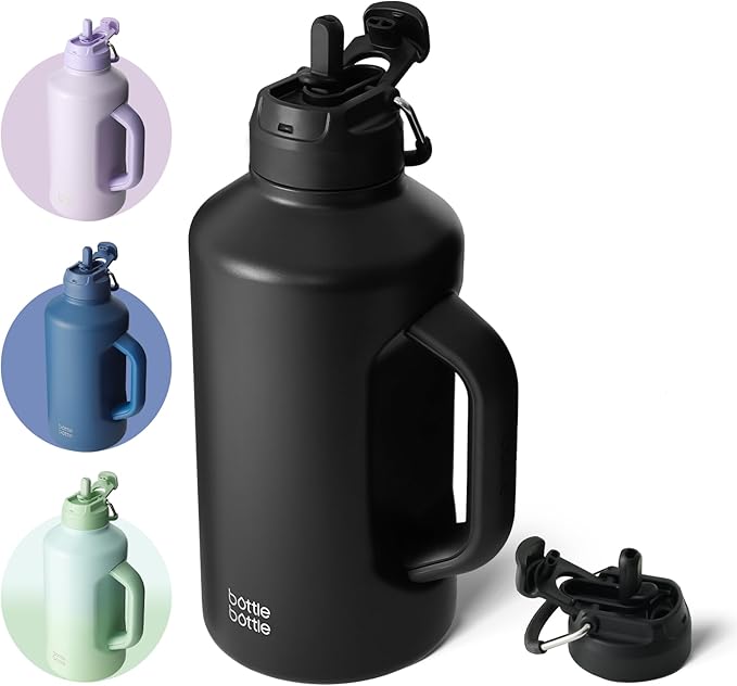 BOTTLE BOTTLE Insulated Water Bottle 64 oz with Straw and Dual-use Lid Half Gallon Jug for Men with Handle Vacuum Stainless Steel water bottle for Workout and Sports black