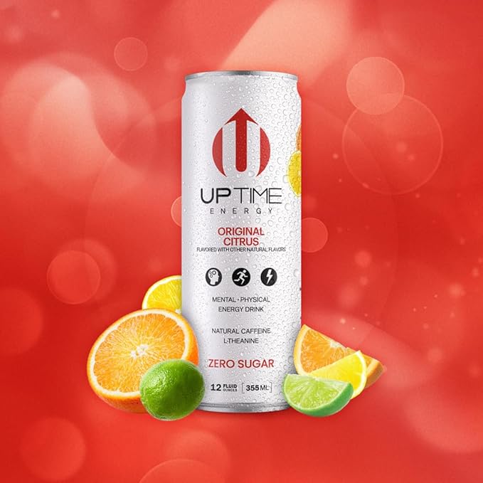 UPTIME Energy Drink, Original Citrus Sparkling, 12 Pack, Vitamin C, L Theanine, Calcium, Sugar Free Energy Drinks for Focus Support, 142mg of Natural Caffeine, 5 Calories, Clean, Natural, 12 fl oz Cans