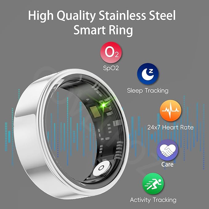 Smart Ring Health Tracker, Fitness Sleep and Heart Rate Monitor Smart Ring, Waterproof Bluetooth Fitness Tracker Ring IPX68 Waterproof (Silver, 11)