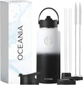 Oceania Flask 32oz Stainless Steel Water Bottles | Modern, Leakproof, Hydro BPA-Free, Insulated Water Bottle with 3 Lids, 3 Straws & 2 Straw Cleaning Brushes | Simple Camping & Hiking Water Bottles