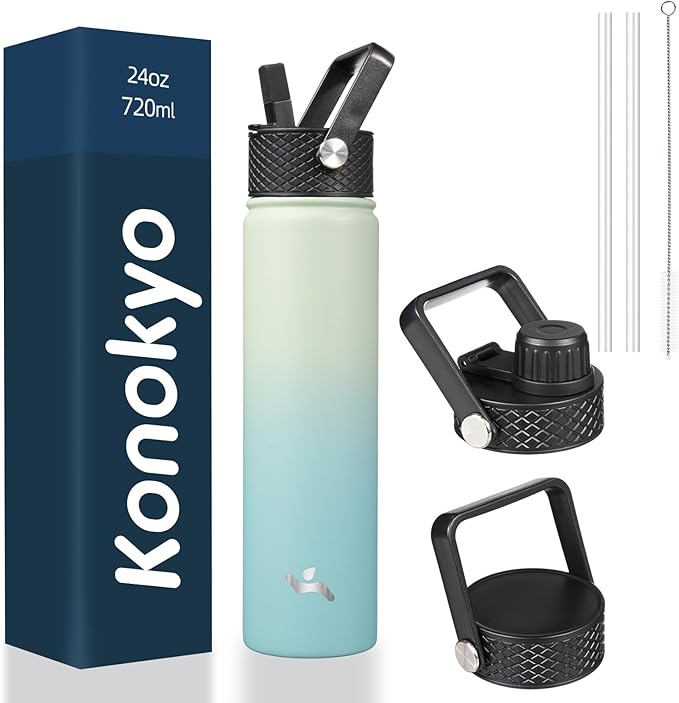 Insulated Water Bottle 24oz Stainless Steel Sport Bottles with 3 Lids,Mint