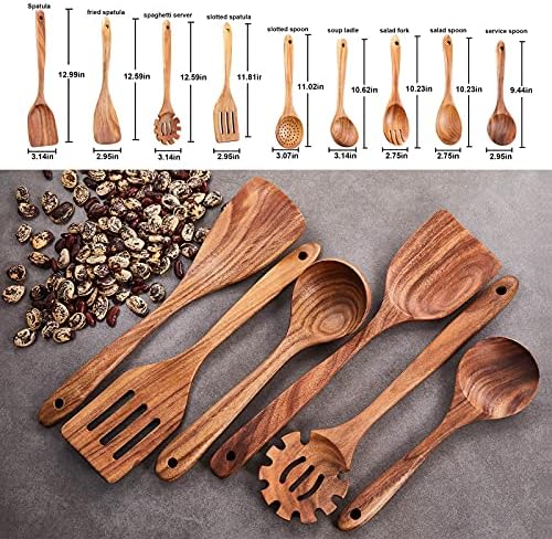 Wooden Kitchen Utensils Set, GUDAMAYE 9 PCE Natural Teak Wooden Spoons
