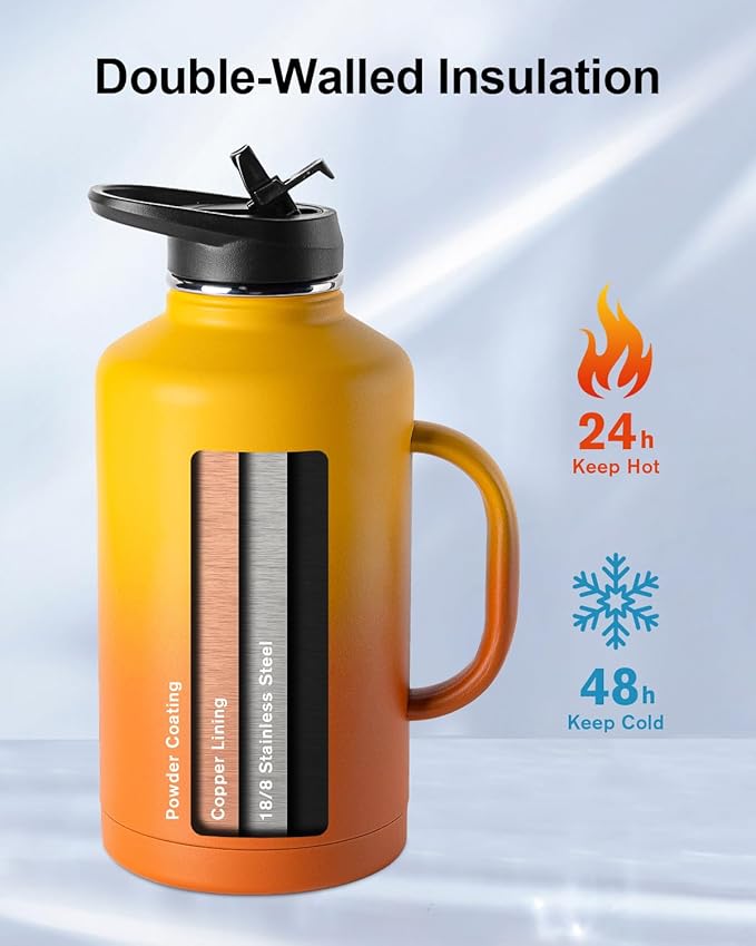 Trebo Half Gallon Water Bottle Insulated with Handle, 64 oz Double Wall Stainless Steel Metal Large Jug, Travel Flask with Straw Spout Lid, Mug Tumbler Cup with Carry Pouch, Keep Cold Hot, Orange