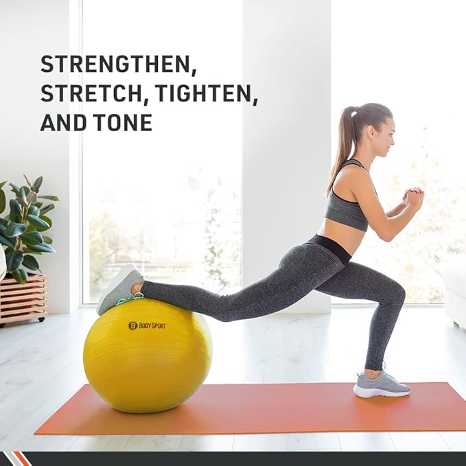 Body Sport Exercise Ball with Pump for Home, Gym, Balance, Stability, Pilates, Core Strength, Stretching, Yoga, Fitness Facilities, Desk Chairs
