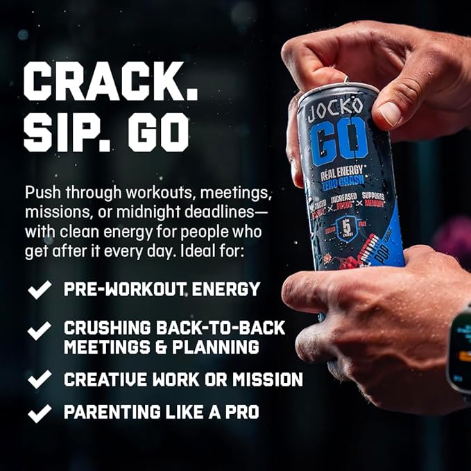 Jocko GO Energy Drink - Keto, Vitamin B12, Vitamin B6, Electrolytes, L Theanine, Magnesium- Energy Boost, Sugar Free Nootropic Monk Fruit Blend - 12 Pack (Black Cherry Vanilla)