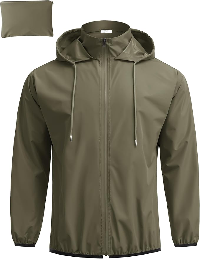 COOFANDY Men's Packable Rain Jacket Lightweight Waterproof Raincoat with Hood Travel Hiking Golf Windbreaker