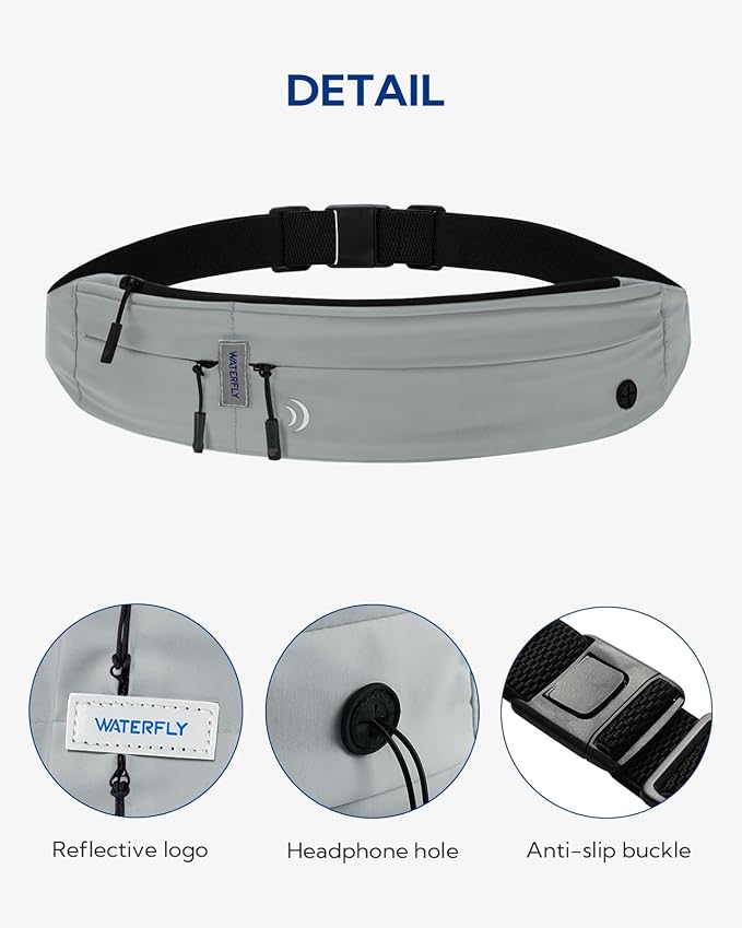 WATERFLY Running Belt Fanny Pack: Runner Marathon Jogging Waist Pack Sport Workout Exercise Fitness Phone Holder Belt for Men Women Jogger Slim Waistband