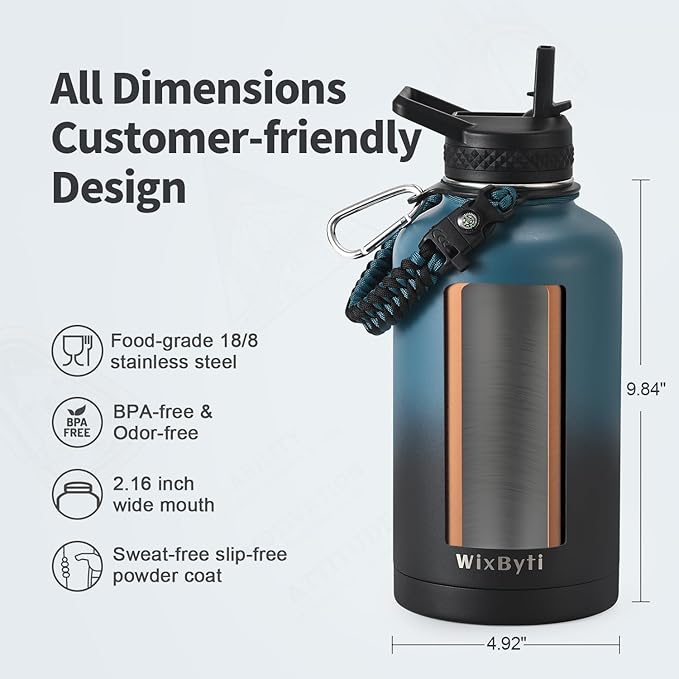 64 oz Insulated Water Bottle with Straw (Cold for 48 Hrs), Half Gallon Stainless Steel Triple Wall Vacuum Sports Water Jug, Leakproof Hydro Cup Flask with Straw Spout Lids & DIY Stickers