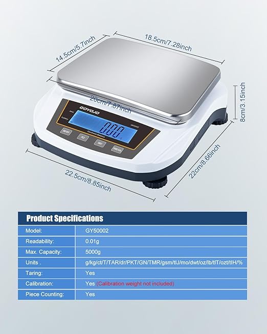 GOYOJO Digital Analytical Balance and Lab Scale, 5000g Capacity, 0.01g Precision, Stainless Steel, Multi-Unit (g/oz/ct/lb) for Jewelry, Kitchen, and Lab – Reliable, Accurate, Easy to Use, Black Panel