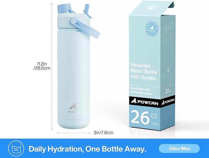 26 oz Insulated Water Bottle with 2-in-1 Straw and Spout Lid, Keep Cold 24H, Leak-Proof, Fits in Car Cup Holder, Stainless Steel Water Bottle for Sports, Travel, and School (Sea Breeze)