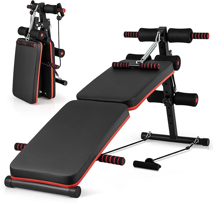 GYMAX Sit Up Bench, 330lbs Folding Decline Workout Bench with Spring Handle, Elastic Ropes & 4 Level Adjustable Height, Incline Weight Bench for Situp, Ab Crunch, Strength Training Exercise for Home Gym