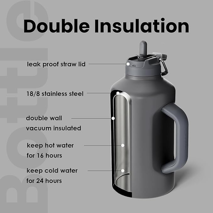 BOTTLE BOTTLE Insulated Water Bottle 64 oz with Straw and Dual-use Lid Stainless Steel Water Bottle for Men with Handle Vacuum Insulated Beer Growler for Workout Sports Soccer gray