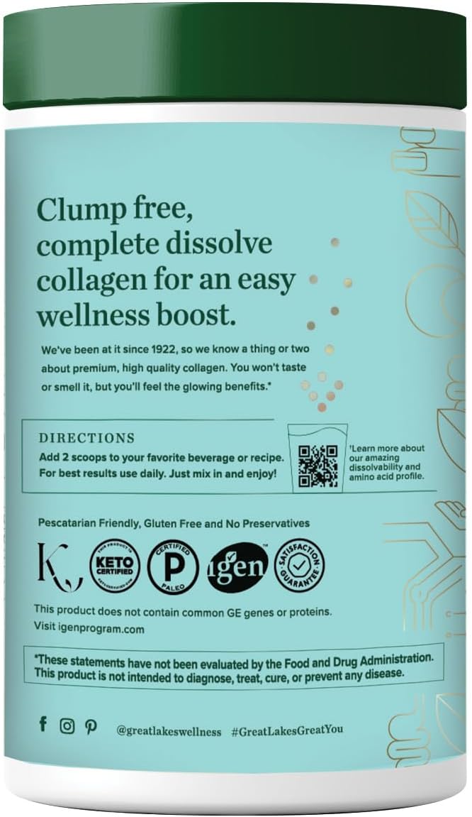 Great Lakes Wellness Sustainable Marine Collagen Peptides Powder for Skin, Hair, Nails, Joints & Digestion - Unflavored - Quick Dissolve Hydrolyzed, Wild Caught, MSC Certified, Non-GMO, Kosher - 16 oz
