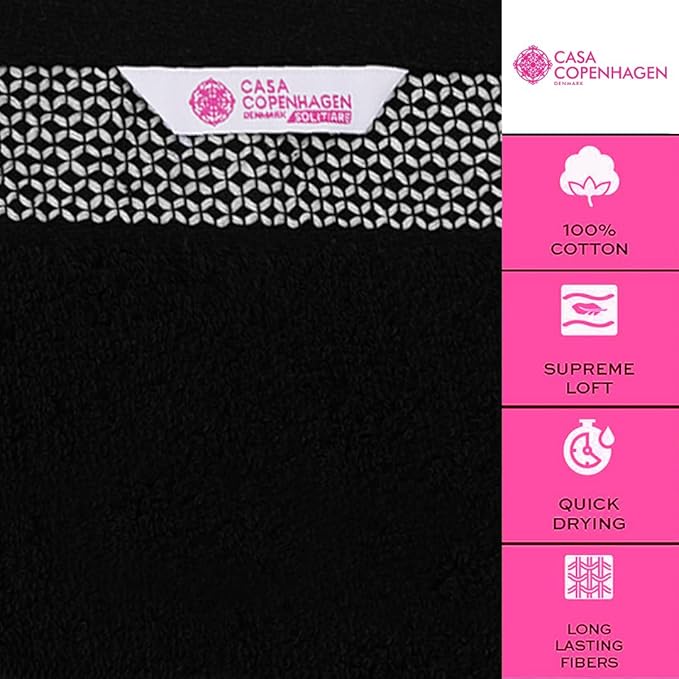 CASA COPENHAGEN Solitaire Towels, 4 Pieces Bath Towel Set- Black, 600 GSM Designed in Denmark Made of Soft Egyptian Cotton for Bathroom, Kitchen & Shower