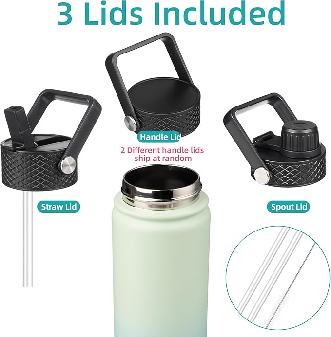 Insulated Water Bottle 24oz Stainless Steel Sport Bottles with 3 Lids,Mint