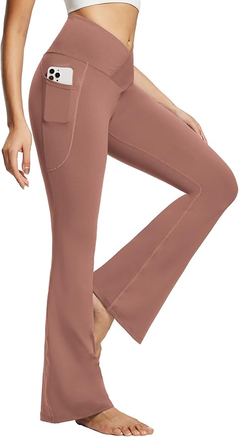 baleaf Women's V Crossover Flare Leggings with Pockets Yoga Pants High Waist Casual Workout Gym Bell Bottom Leggings
