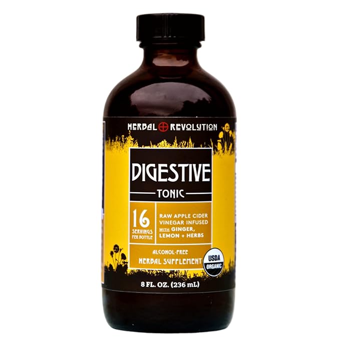 Herbal Revolution Digestive Tonic - Certified Organic Non-GMO Apple Cider Vinegar Infused with Honey, Burdock Root, Dandelion, Lemon Balm & More, Made Using Regenerative Farming Practices - 8 Fl Oz