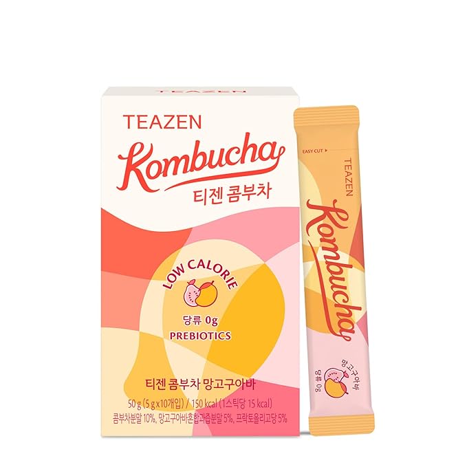 TEAZEN Mango Guava Kombucha Tea, Hydration Drink Mix, Sugar Free, Live Probiotics & Prebiotics, 10 Sticks, 1.76oz