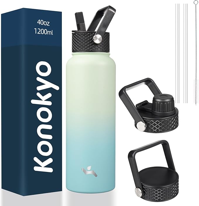 40oz Insulated Water Bottle Stainless Steel Sport Bottles with 3 Lids,Mint