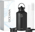 Oceania Flask 64oz Stainless Steel Water Bottles | Modern, Leakproof, Hydro BPA-Free, Insulated Water Bottle with 3 Lids, 3 Straws & 2 Straw Cleaning Brushes | Simple Camping & Hiking Water Bottles