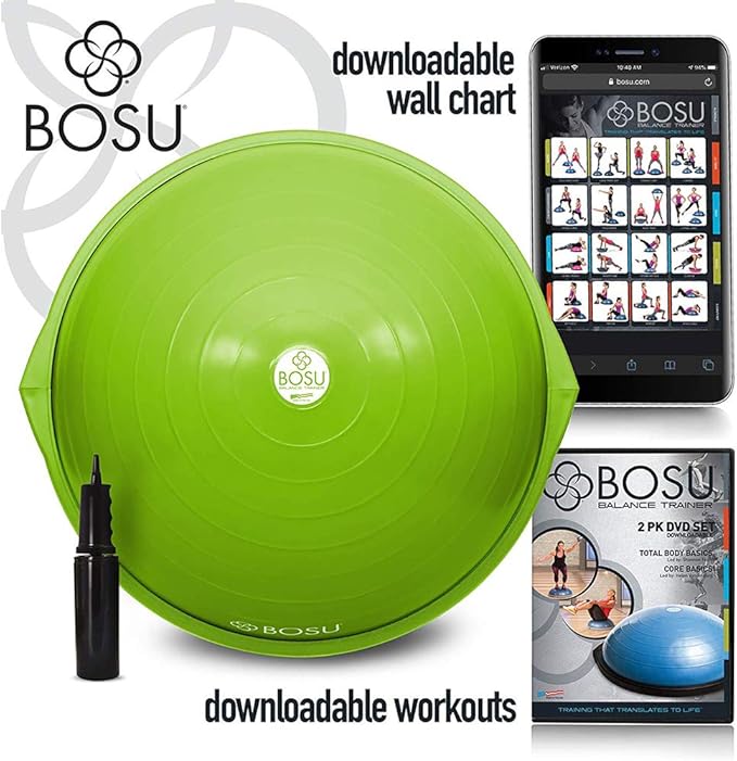 Bosu Balance Ball Exercise Trainer, Home Gym Equipment w/ Guided Workouts & Pump, 26", Blue - Inflatable Fitness Platform for Strength Training, Standing, Balancing, and Core Workout