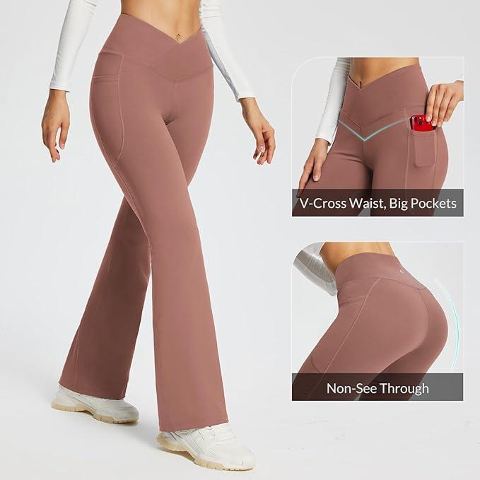 baleaf Women's V Crossover Flare Leggings with Pockets Yoga Pants High Waist Casual Workout Gym Bell Bottom Leggings