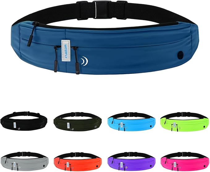 WATERFLY Running Belt Fanny Pack: Runner Marathon Jogging Waist Pack Sport Workout Exercise Fitness Phone Holder Belt for Men Women Jogger Slim Waistband Dark Blue