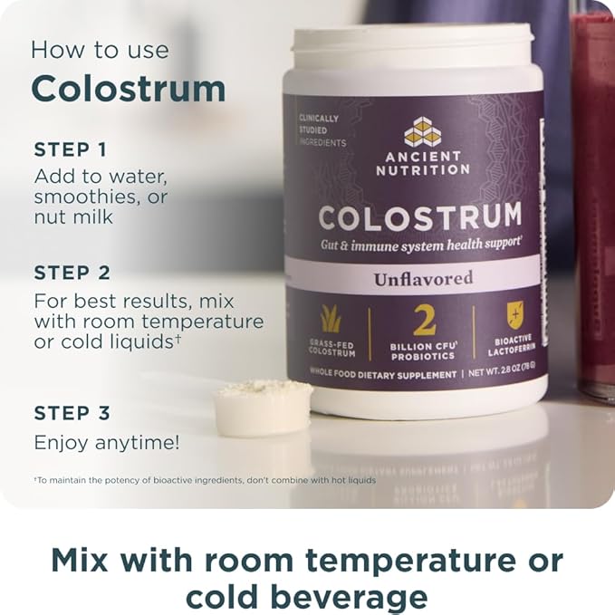 Ancient Nutrition Colostrum Superfood Powder, Grass Fed Bovine Colostrum, Supports Healthy Gut Microbiome and Immune System, Clinically Studied Lactoferrin & Probiotics, Unflavored, 60 Servings