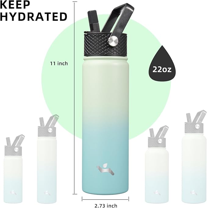22oz Stainless Steel Bottles with 3 Lids Sport Insulated Water Bottle,Mint