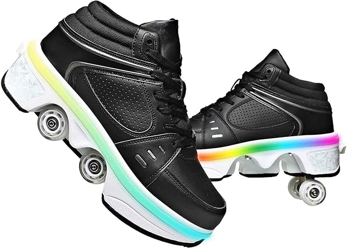 Roller Skate Shoes for Women Four Rounds Children's Roller Skates Shoes That Turn into Rollerskates Sneakers Outdoor Light Shoes with Wheels for Girls/Boys