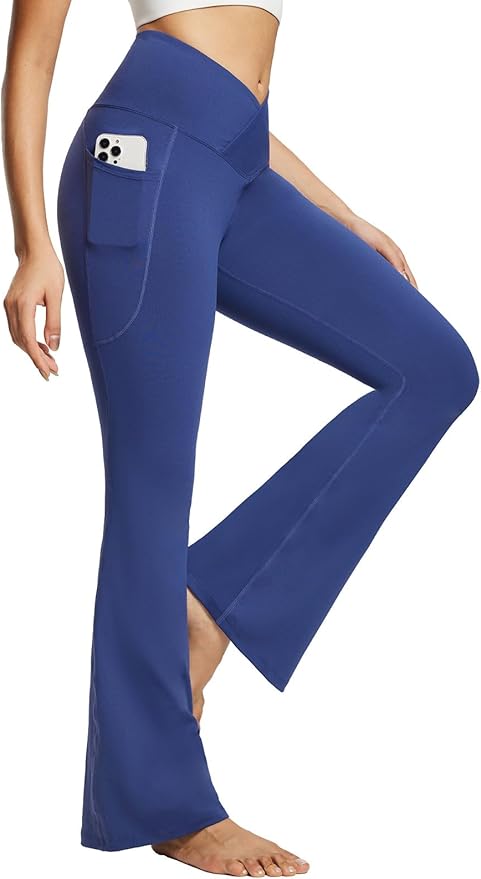 baleaf Women's V Crossover Flare Leggings with Pockets Yoga Pants High Waist Casual Workout Gym Bell Bottom Leggings