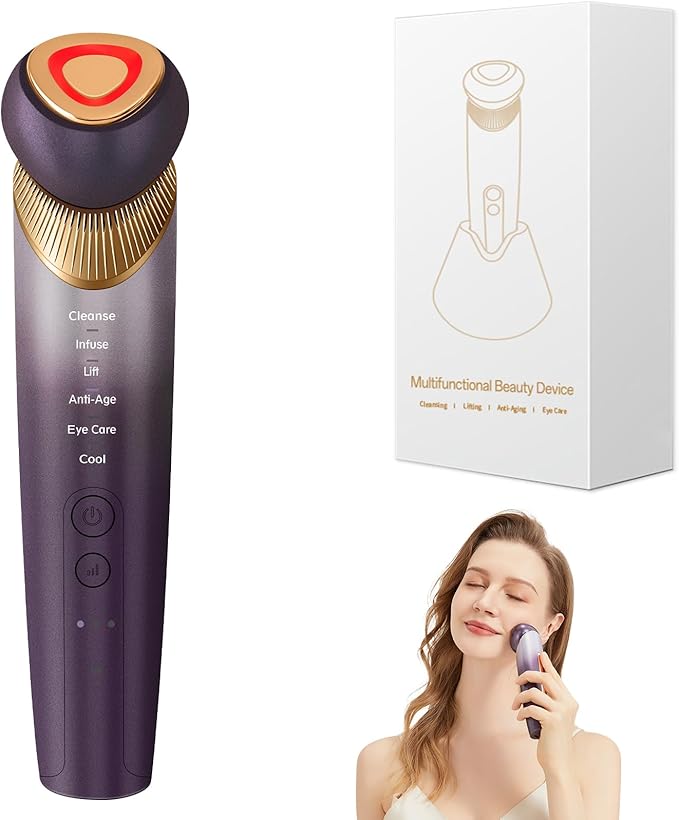 6-in-1 Age-Defying - Eye, Face & Neck Lift & Firm, 5-Color Light Therapy for Face with Microcurrent, Vibration, Heat & Cooling, Skin Care Tool for Youthful & Tightening Skin (Purple)