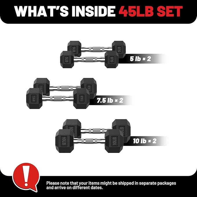 PAPABABE Hex Dumbbell Set 45-550 lb, Rubber Encased Home Gym Dumbbells, Weights Dumbbells for Women & Men, Hand Weight for Strength Training