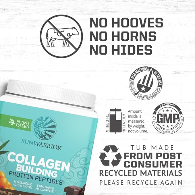 Sunwarrior Vegan Collagen Building Powder Protein Peptide with Biotin Vitamin C Hyaluronic Acid for Hair Skin Nail Dairy Free Gluten Free | Chocolate