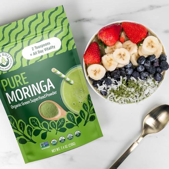 Kuli Kuli Moringa Oleifera Organic Leaf Powder & Green Smoothie, 100% Pure USDA Certified & Non-GMO Moringa Powder, Great with Smoothies, Tea, and Food, 4 Pack