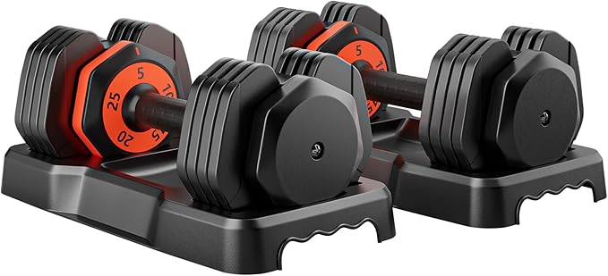 VEICK 25/55 lbs Adjustable Dumbbell with Anti-Slip Turning Handle, Fast Adjust Weight for Men Women, Exercise Equipment with Tray for Home Gym Full Body Workout Fitness
