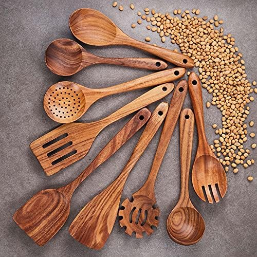 Wooden Kitchen Utensils Set, GUDAMAYE 9 PCE Natural Teak Wooden Spoons
