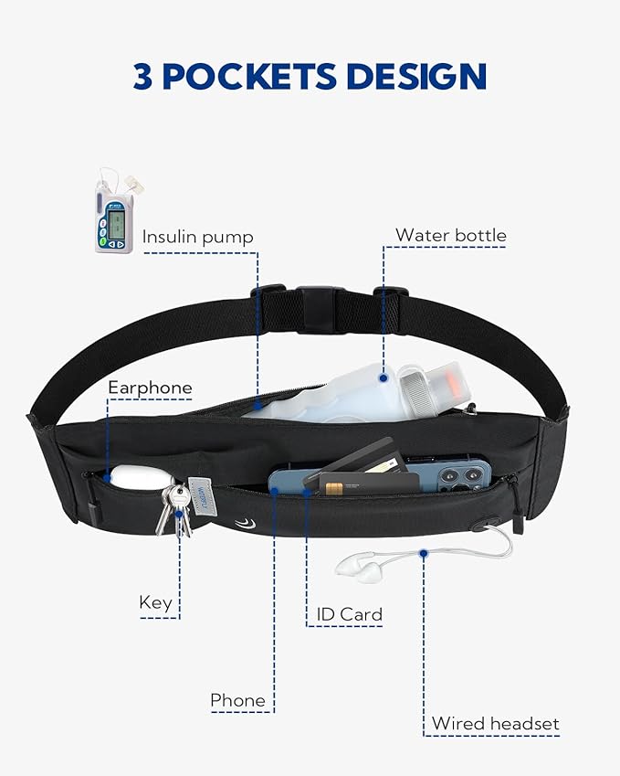 WATERFLY Running Belt Fanny Pack: Runner Marathon Jogging Waist Pack Sport Workout Exercise Fitness Phone Holder Belt for Men Women Jogger Slim Waistband Black