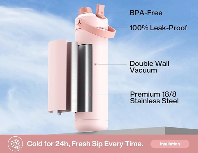 26 oz Insulated Water Bottle with 2-in-1 Straw and Spout Lid, Keep Cold 24H, Leak-Proof, Fits in Car Cup Holder, Stainless Steel Water Bottle for Sports, Travel, Gym, and School (Petal Path)