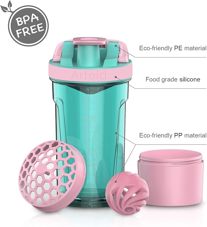 Artoid Mode Inspirational Fitness Workout Sports Protein Shaker Bottle 24-Ounce, Dual Mixing Technology with Shaker Balls & Mixing Grids Included, Twist and Lock Protein Box Storage Included