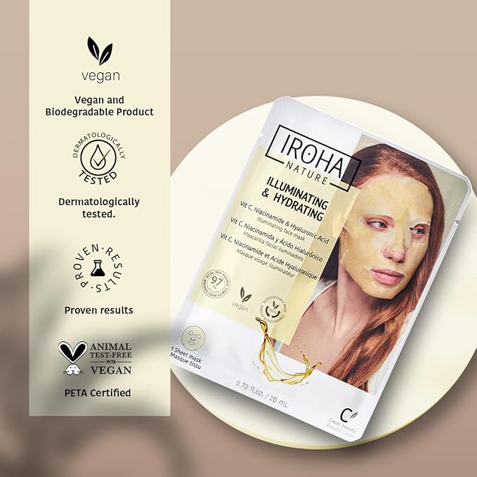 IROHA NATURE Face Masks - Packs for Better Skin (Pack of 5, Brightening & Hydrating Face Mask with Pure Vitamin C and Hyaluronic Acid)