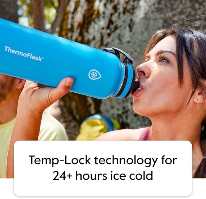 ThermoFlask Bottle with Spout Lid - Stainless Steel Water Bottles with Double-Wall Insulation & BPA-Free Spout Lids - Leak-Proof Reusable Bottles & Lids - 24 oz, Mayan Blue/Black (2 Pack)